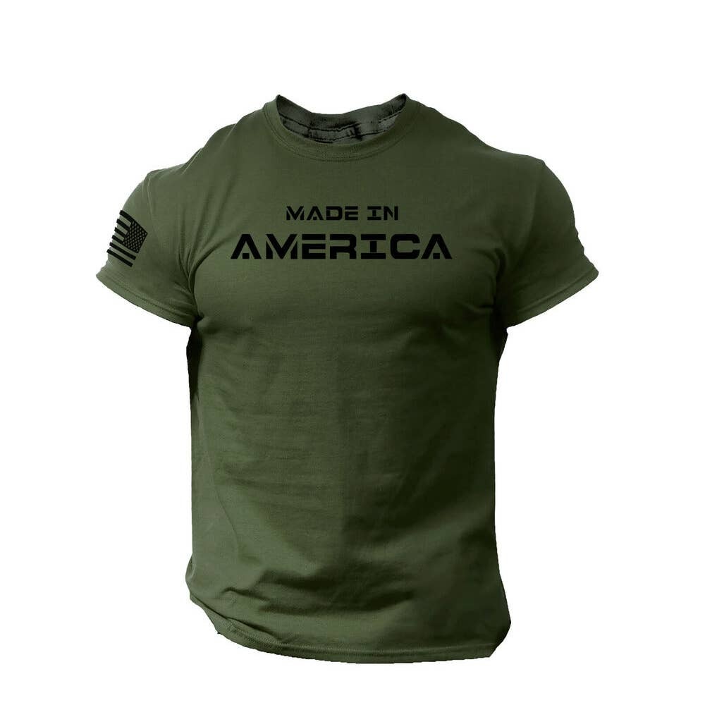 Made in America T Shirt USA Flag Military Patriotic Tee - Army Green Small